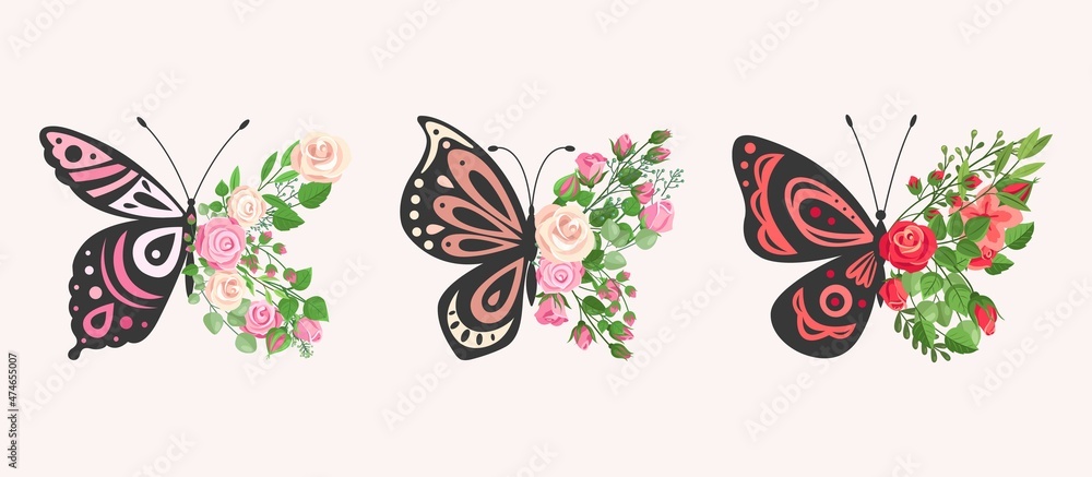 Floral butterflies. Black contour butterfly, flowers wings. Roses and  leaves, garden plants. Recovery and freedom concept, t-shirt spring summer  prints vector set Stock Vector | Adobe Stock