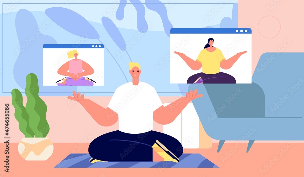 Home meditation. Man relax, online yoga wellness group. People together training, morning workout vector illustration Home meditation. Man relax, online yoga wellness group. People together training, morning workout vector illustration