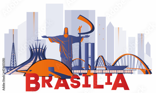 Brasilia culture travel set, famous architectures and specialties in flat design. Business Brazilian tourism concept clipart. Image for presentation, banner, website, advert, flyer, roadmap, icons