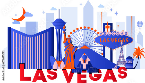 Las Vegas culture travel set, famous architectures, specialties in flat design. Business travel and tourism concept clipart. Image for presentation, banner, website, advert, flyer, roadmap, icons
