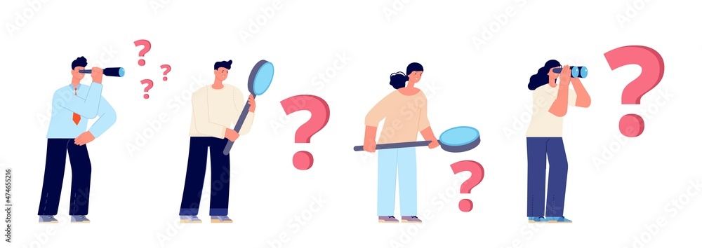 People look at large question mark. Finding solution, looking in magnifying glass or binocular. Cartoon flat business characters vector set People look at large question mark. Finding solution, looking in magnifying glass or binocular. Cartoon flat business characters vector set