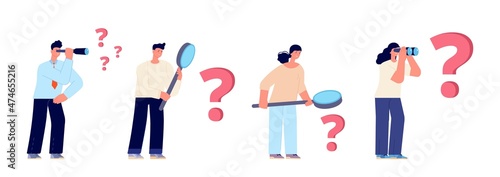 People look at large question mark. Finding solution, looking in magnifying glass or binocular. Cartoon flat business characters vector set