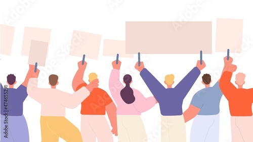 Protest people crowd. Hold banners person, man woman team demonstration. Isolated stand back characters, revolution or activists vector concept