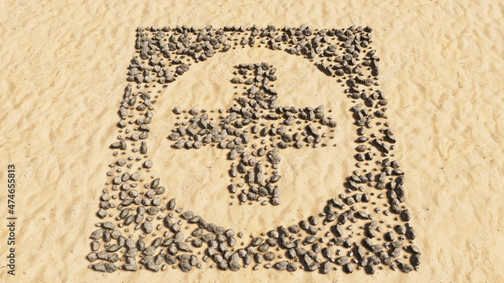 Fototapeta premium Concept conceptual stones on beach sand handmade symbol shape, golden sandy background, cross sign. 3d illustration metaphor for medical care assistance, emergency doctor, pharmacy or hospital