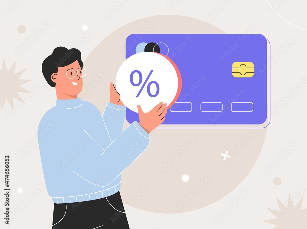 Online payment cashback concept. Man holding shape with percent debit or credit card and paying shopping online. Virtual banking service, cashless finance for business. Flat style vector illustration.