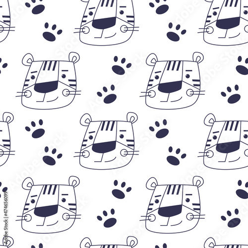 Vector seamless pattern with outline muzzle of cute tiger. Animal cartoon wallpaper. 