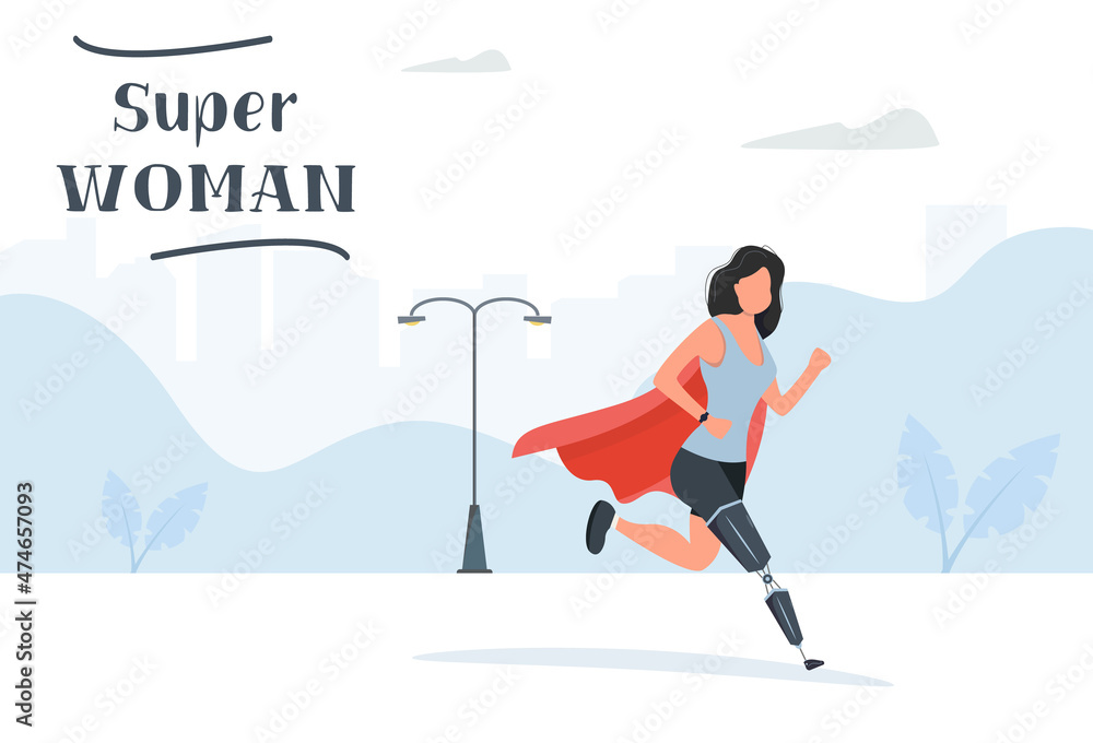 Superwoman concept. A girl with a prosthetic leg is running. Vector illustration