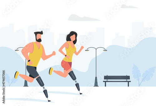 Man and woman with a prosthetic leg is running on outside city. Vector illustration on modern style