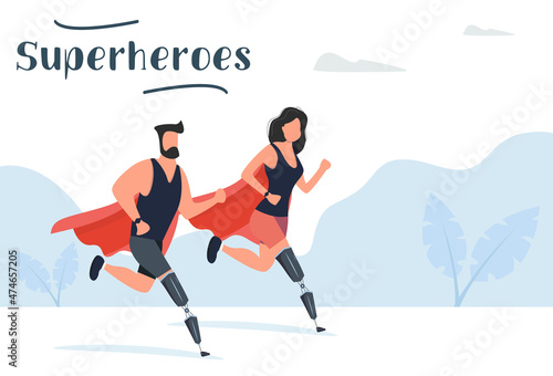 Superheroes concept. A girl and guy with a prosthetic leg is running. Vector illustration