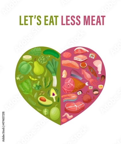 Reduce animal products consumption. Eat less meat for wellness, wellbeing animal, environment. Vector illustration