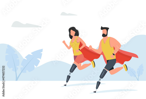 Man and woman with a prosthetic leg is running. Vector illustration on modern style