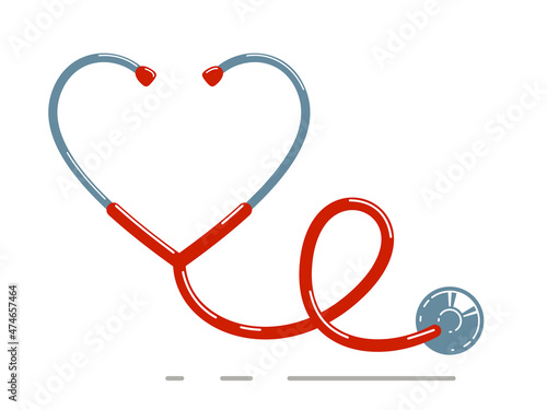Heart shaped stethoscope vector simple icon isolated over white background, cardiology theme illustration or logo.
