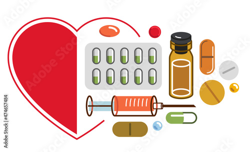 Medical clinic or hospital flyer in a shape of heart, big composition set of medicaments vector flat illustration isolated, advertising banner health care and healing medical theme design.