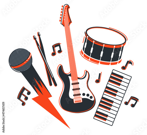 Rock music band vector flat illustration isolated over white background, hard rock and heavy metal live sound festival or concert, rock n roll musical band playing, night club party.