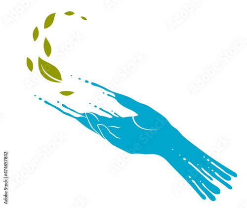 Woman hand made of water vector logo or emblem isolated on white background, mother nature, biology and life, giving water for life, skin health and moisturizing regeneration.