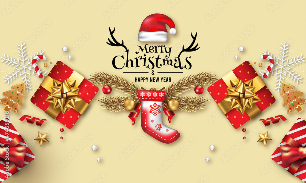 Merry christmas and happy new year background with red presents and ornaments Free Vector
