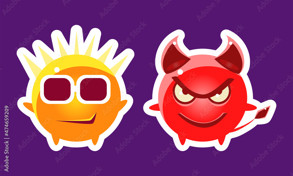 Round Red and Yellow Emoji Character Angry Devil and Wearing Sunglasses Vector Set Round Red and Yellow Emoji Character Angry Devil and Wearing Sunglasses Vector Set