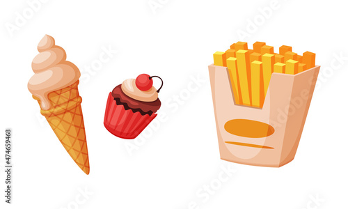 French Fries and Sweet Ice Cream in Waffle Cone as Fast Food Vector Set