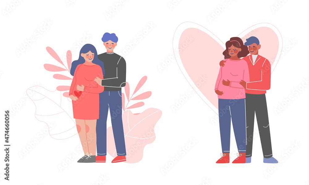 Young Husband and Wife Pregnant Expecting Baby Preparing for Parenthood Vector Set