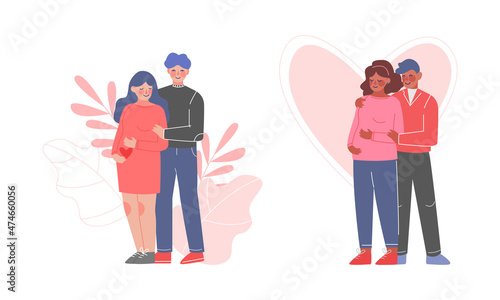 Young Husband and Wife Pregnant Expecting Baby Preparing for Parenthood Vector Set