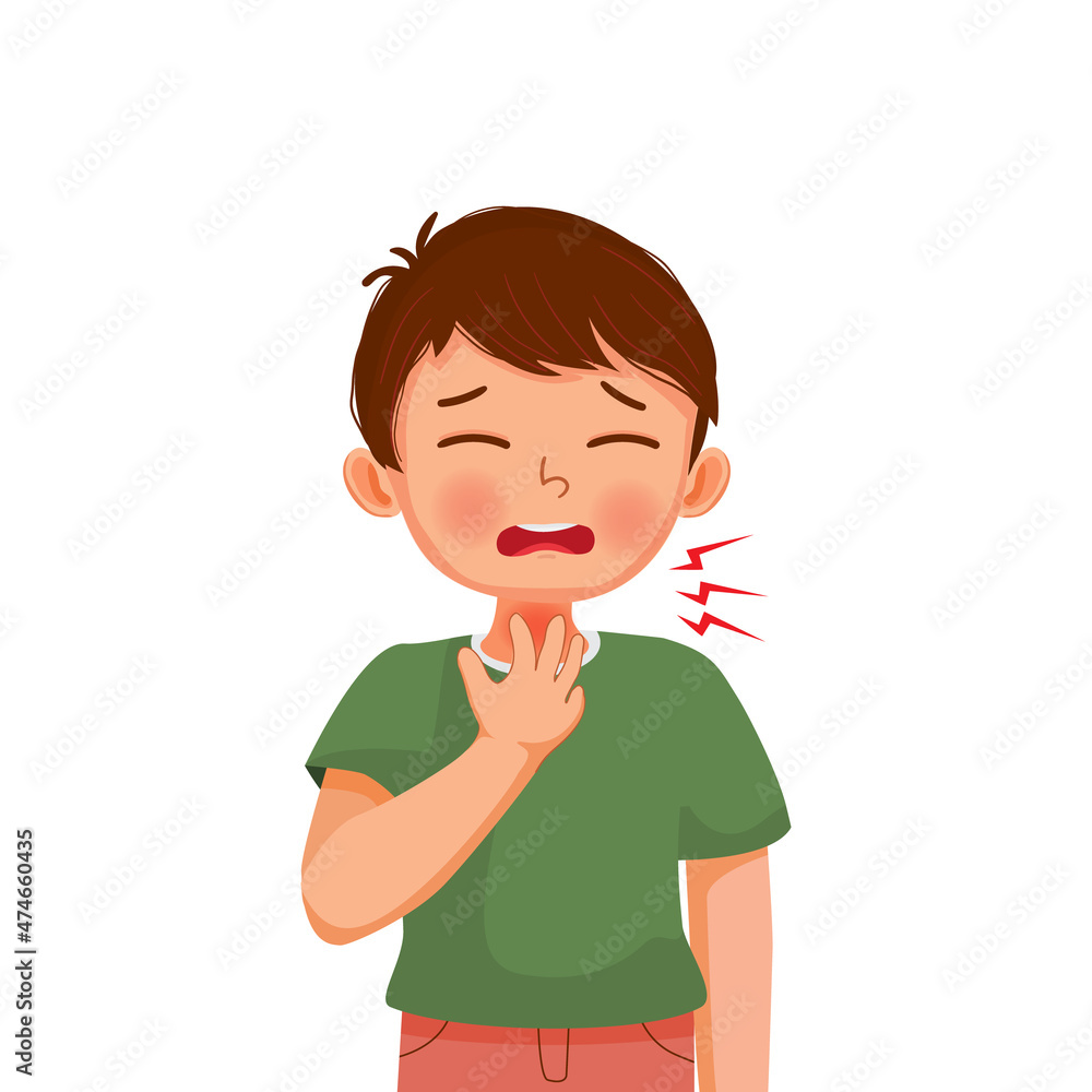 Little Boy Suffering From Sore Throat Touching His Swelling And Painful 