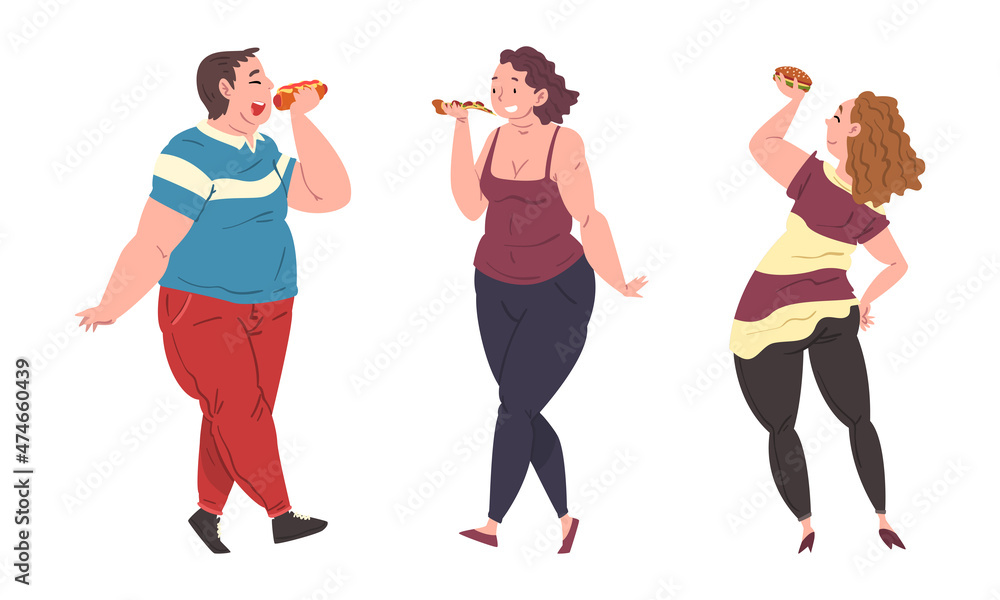 Cheerful Fat People Character Eating Pizza and Hamburger Vector Set Cheerful Fat People Character Eating Pizza and Hamburger Vector Set