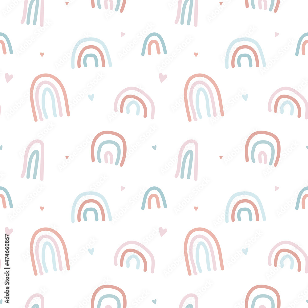 Seamless pattern with hearts and rainbows cute elements. Pastel color endless texture. Childish simple print in scandinavian style. Vector cartoon illustration. Seamless pattern with hearts and rainbows cute elements. Pastel color endless texture. Childish simple print in scandinavian style. Vector cartoon illustration.