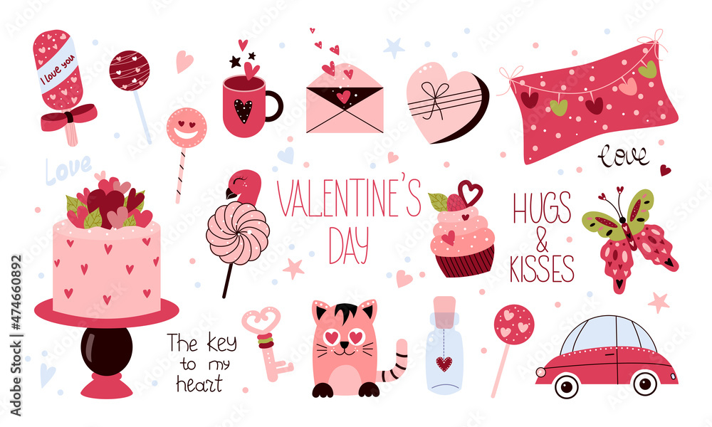 Valentine's Day design element set with cake, marshmallow, pillow, letter, cat, butterfly, love elixir, car. Vector illustration for stickers, scrapbooking, planers, cards, tags - obrazy, fototapety, plakaty 