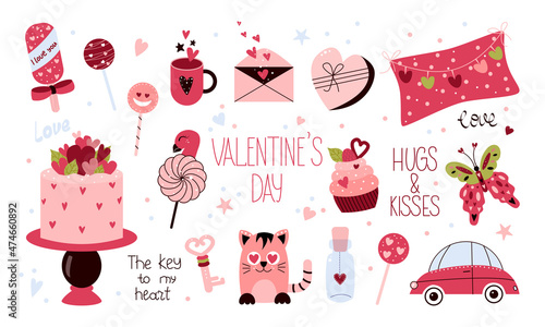 Valentine's Day design element set with cake, marshmallow, pillow, letter, cat, butterfly, love elixir, car. Vector illustration for stickers, scrapbooking, planers, cards, tags