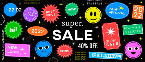 Cool Trendy Sale Stickers Banner Vector Illustration. New Arrival, Wow, Super Sale, 2022 Badges.