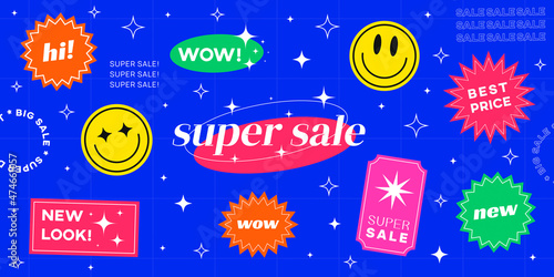 Cool Trendy Sale Banner with Stickers Vector Design. Abstract Promotion Illustration. Shopping badges.