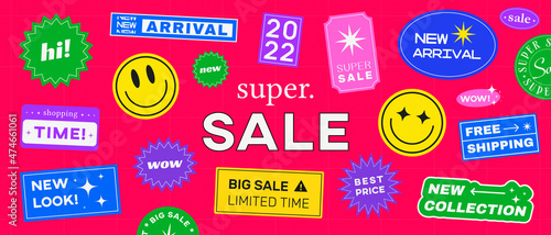 Cool Trendy Sale Stickers Banner Vector Illustration. New Arrival, Wow, Super Sale, 2022 Badges. Comic Artwork.