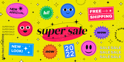 Cool Trendy Sale Stickers Banner Vector Illustration. New Arrival, Wow, Super Sale, 2022 Badges.