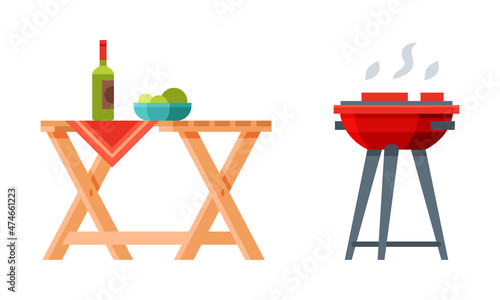 Garden Table Served with Food and Grill Grid for Barbecue and Picnic Vector Set