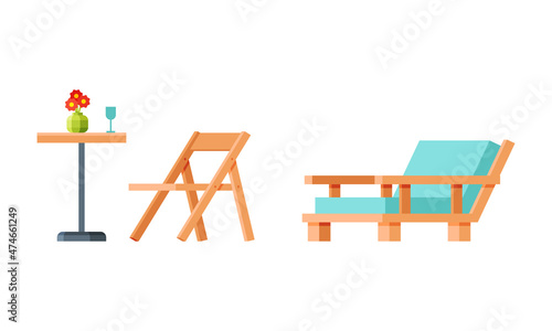 Valokuva Garden Wooden Table and Deck Chair for Barbecue and Picnic Vector Set