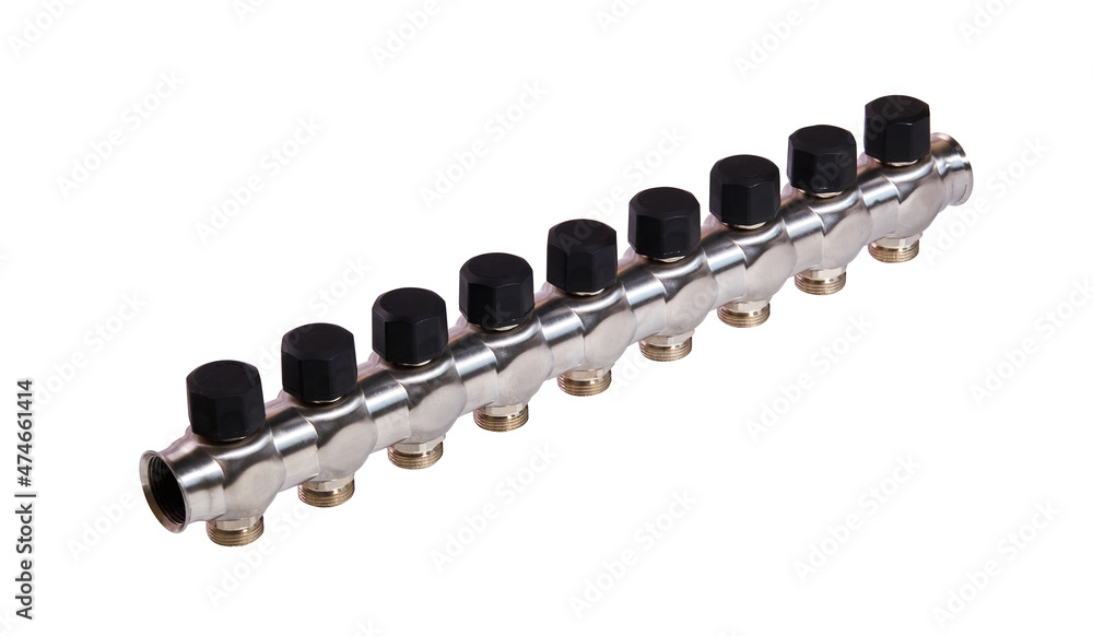 Collector, manifold, heating system for underfloor heating isolated on white background with clipping path Collector, manifold, heating system for underfloor heating isolated on white background with clipping path
