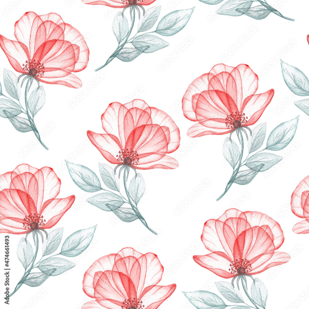 Red roses seamless pattern. Watercolor floral print. Translucent flowers isolated.  Botanical illustration