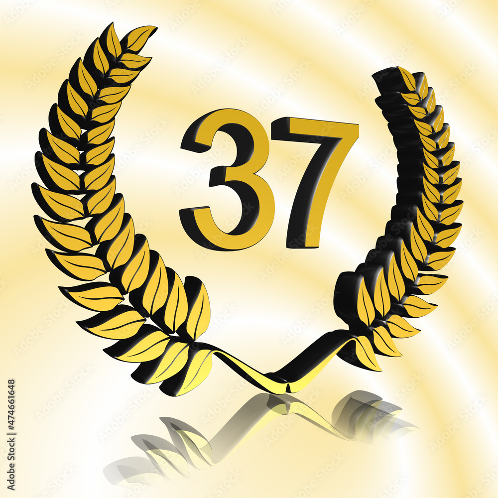 Zahl 37 mit Lorbeerkranz, Ehrenkranz, Siegerkranz als 3DIllustration