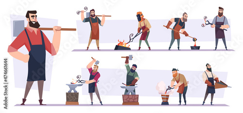 Blacksmith worker. Character with hammer making steel sword in foundry workshop hardware tools exact vector cartoon persons