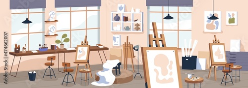 Painting atelier interior. Fine art studio with easels, canvas and podium. Artists creative class panorama. Modern workshop with equipment. Painters classroom. Flat vector illustration of workroom