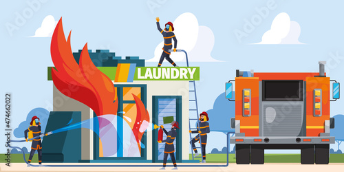 Firefighter service. Building attack flame professional fireman rescue departments fire on house facades garish vector cartoon background