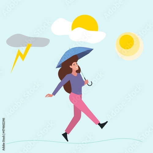 Woman walk from bad mood. Girl with umbrella go to sun, psychology vector metaphor
