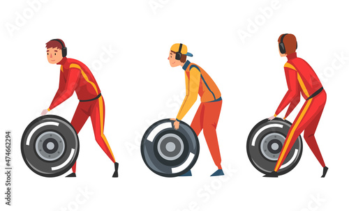 Pit Stop Crew Member Changing Tire Wheel Engaged in Maintenance of Racing Car Vector Set