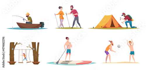 Outdoor activities. Tourism exploration hiking picnic characters in park travelling lifestyle adventure leasure exact vector people in action poses