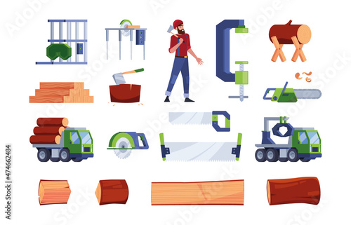 Wooden production. Oak logs industrial saw and axe for sawmill forestry timber woodcutter items garish vector flat illustrations set isolated