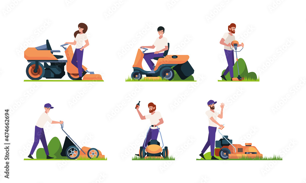 Green grass care. Characters gardeners working with lawn mowing machines tractors in garden garish vector cartoon background