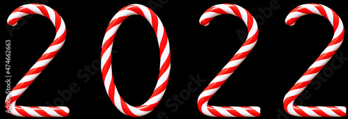 The red and white inscription is 2022 of сhristmas candy on a black background. 3D rendering and 3D illustration.