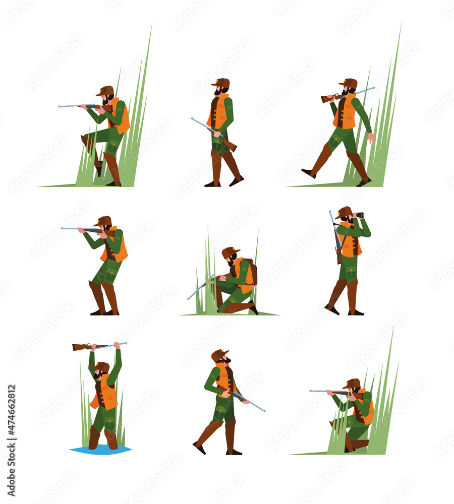 Hunter with rifle. Shotgun man hunting standing in action poses holding weapons and armor garish vector flat concept illustrations isolated