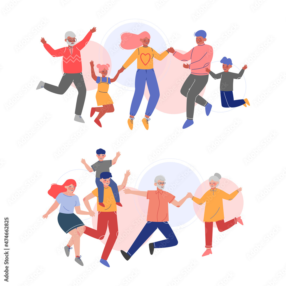 Happy Family Member Jumping with Joy Together and Holding Hands Vector Set Happy Family Member Jumping with Joy Together and Holding Hands Vector Set