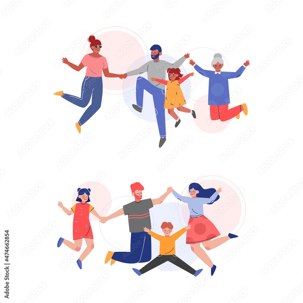 Happy Family Member Jumping with Joy Together and Holding Hands Vector Set